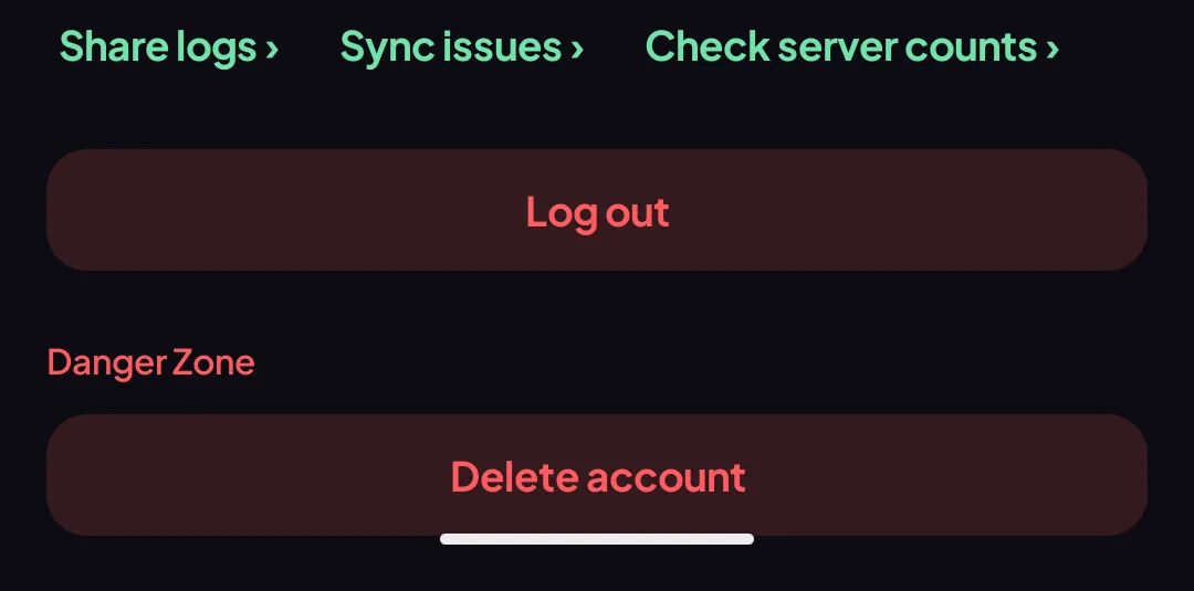 Danger Zone in Settings, with the Delete account button