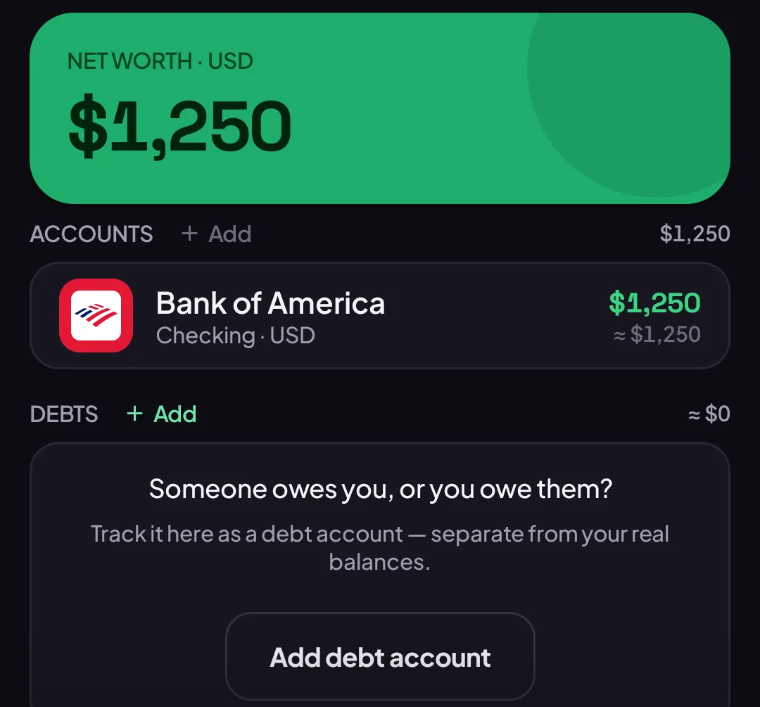 Debts section, empty, with Someone owes you, or you owe them? and an Add debt account button