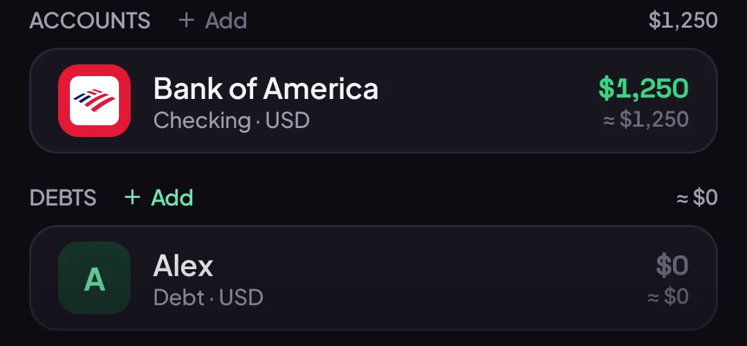 Debts section on Budget showing a debt account named Alex