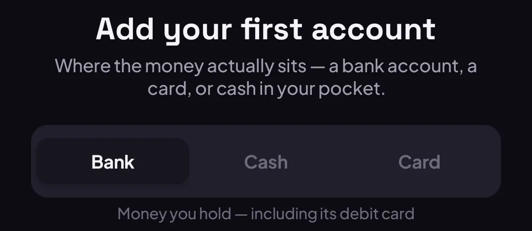 Bank type selected, with the description Money you hold — including its debit card