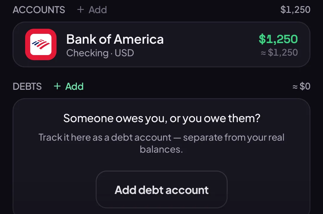 Debts section with the account gone, showing the empty Someone owes you or you owe them state